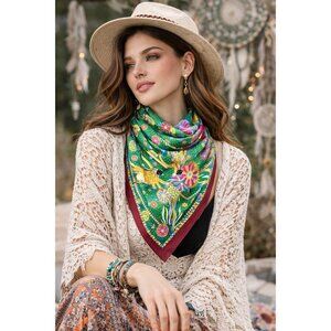 Vintage Silk Scarf Square Green Multicolor Equestrian Horse Print Large 34”